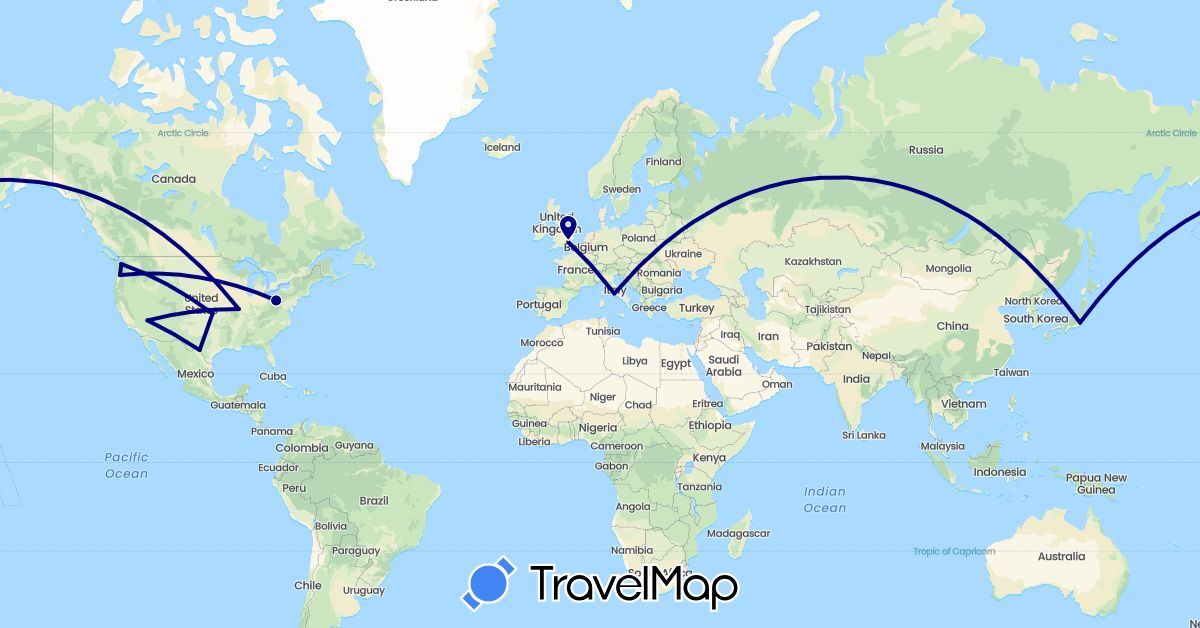 TravelMap itinerary: driving in United Kingdom, Italy, Japan, United States (Asia, Europe, North America)